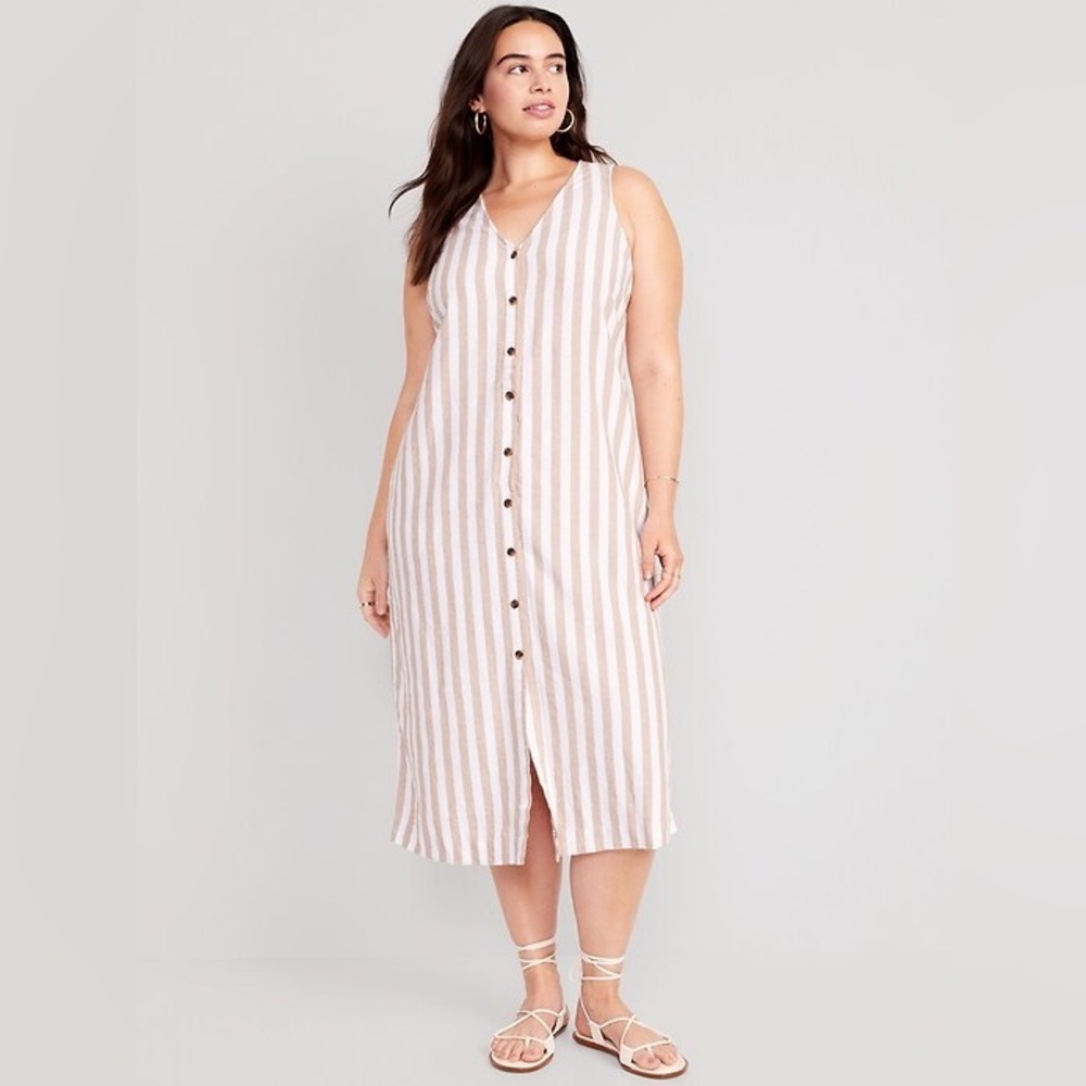 Old Navy Beige and White Striped Button-Front Midi Dress
